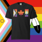 Front of Canada Two-Spirit Intersex-Inclusive Progress Pride Flag t-shirt black unisex heavyweight tee. Flag has pride stripes for the bars and maple leaf.
