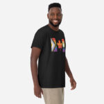 Front of Canada Two-Spirit Intersex-Inclusive Progress Pride Flag t-shirt black unisex heavyweight tee on model. Flag has pride stripes for bars and maple leaf.