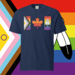 Front of Canada Two-Spirit Intersex-Inclusive Progress Pride Flag t-shirt true navy unisex heavyweight tee. Flag has pride stripes for the bars and maple leaf.