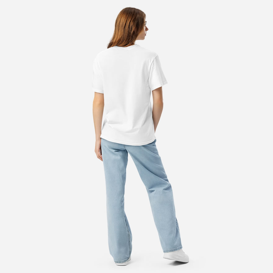 Solid white back of Canada Two-Spirit Intersex-Inclusive Progress Pride Flag t-shirt unisex heavyweight tee on model.