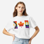 Front of Canada Two-Spirit Intersex-Inclusive Progress Pride Flag t-shirt white unisex heavyweight tee on model. Flag has pride stripes for bars and maple leaf.