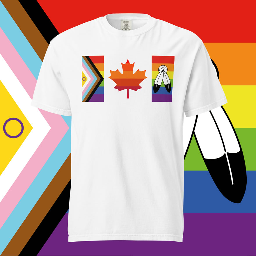 Front of Canada Two-Spirit Intersex-Inclusive Progress Pride Flag t-shirt white unisex heavyweight tee. Flag has pride stripes for the bars and maple leaf.