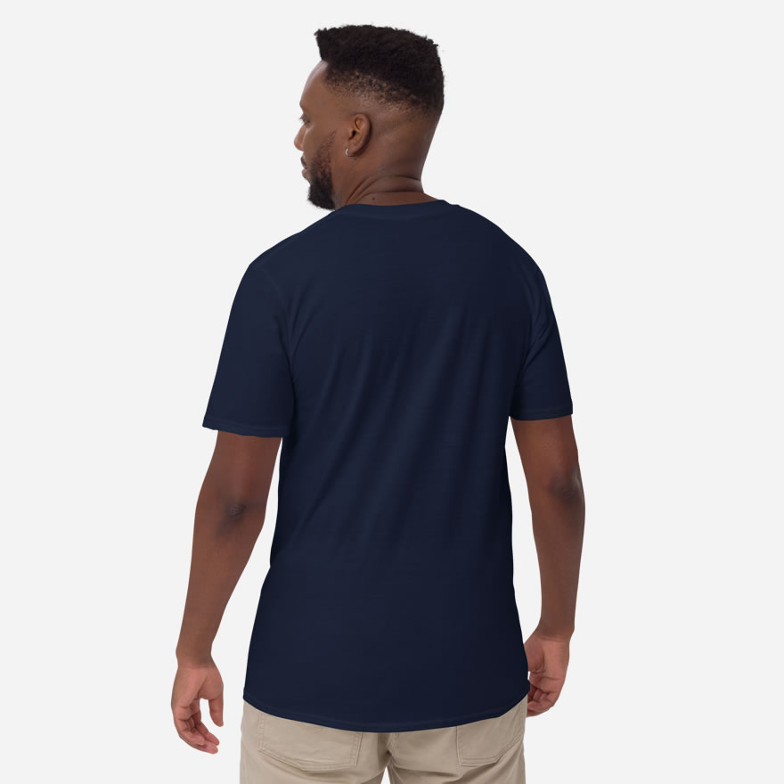 Solid navy back of Canada Two-Spirit Intersex-Inclusive Progress Pride Flag t-shirt unisex softystyle tee on model.