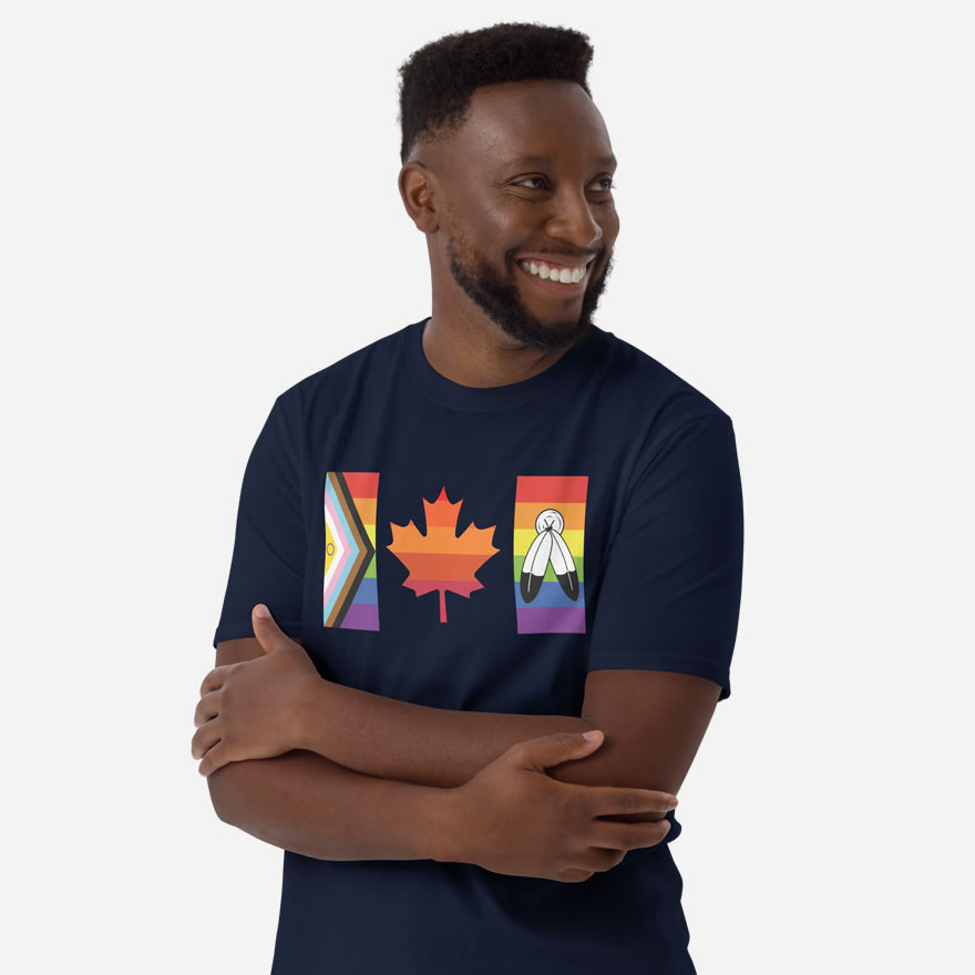 Front of Canada Two-Spirit Intersex-Inclusive Progress Pride Flag t-shirt navy unisex softstyle tee on model. Flag has pride stripes for bars & maple leaf.