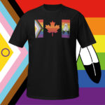 Front of Canada Two-Spirit Intersex-Inclusive Progress Pride Flag t-shirt black unisex softstyle tee. Flag has pride stripes for the bars and maple leaf.
