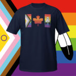 Front of Canada Two-Spirit Intersex-Inclusive Progress Pride Flag t-shirt navy unisex softstyle tee. Flag has pride stripes for the bars and maple leaf.