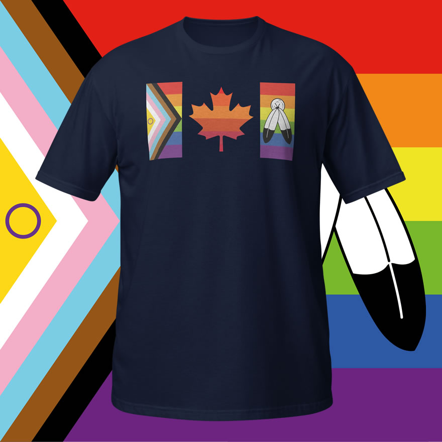 Front of Canada Two-Spirit Intersex-Inclusive Progress Pride Flag t-shirt navy unisex softstyle tee. Flag has pride stripes for the bars and maple leaf.
