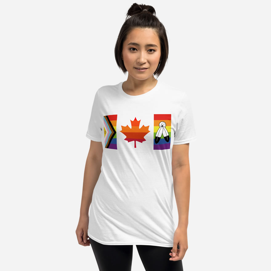 Front of Canada Two-Spirit Intersex-Inclusive Progress Pride Flag t-shirt white unisex softstyle tee on model. Flag has pride stripes for bars & maple leaf.