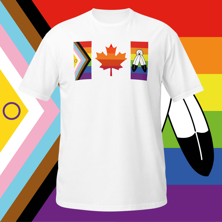 Front of Canada Two-Spirit Intersex-Inclusive Progress Pride Flag t-shirt white unisex softstyle tee. Flag has pride stripes for the bars and maple leaf.