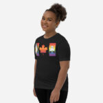 Front of Canada Two-Spirit Intersex-Inclusive Progress Pride Flag youth t-shirt black staple tee on girl. Flag has pride stripes for the bars and maple leaf.