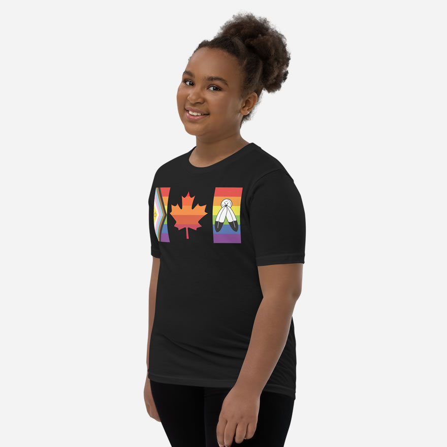 Front of Canada Two-Spirit Intersex-Inclusive Progress Pride Flag youth t-shirt black staple tee on girl. Flag has pride stripes for the bars and maple leaf.
