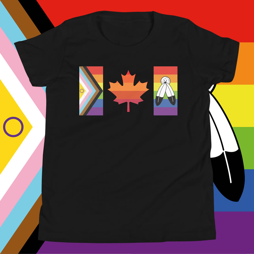 Front of Canada Two-Spirit Intersex-Inclusive Progress Pride Flag youth t-shirt black staple tee. Canada flag has pride stripes for the bars and maple leaf.