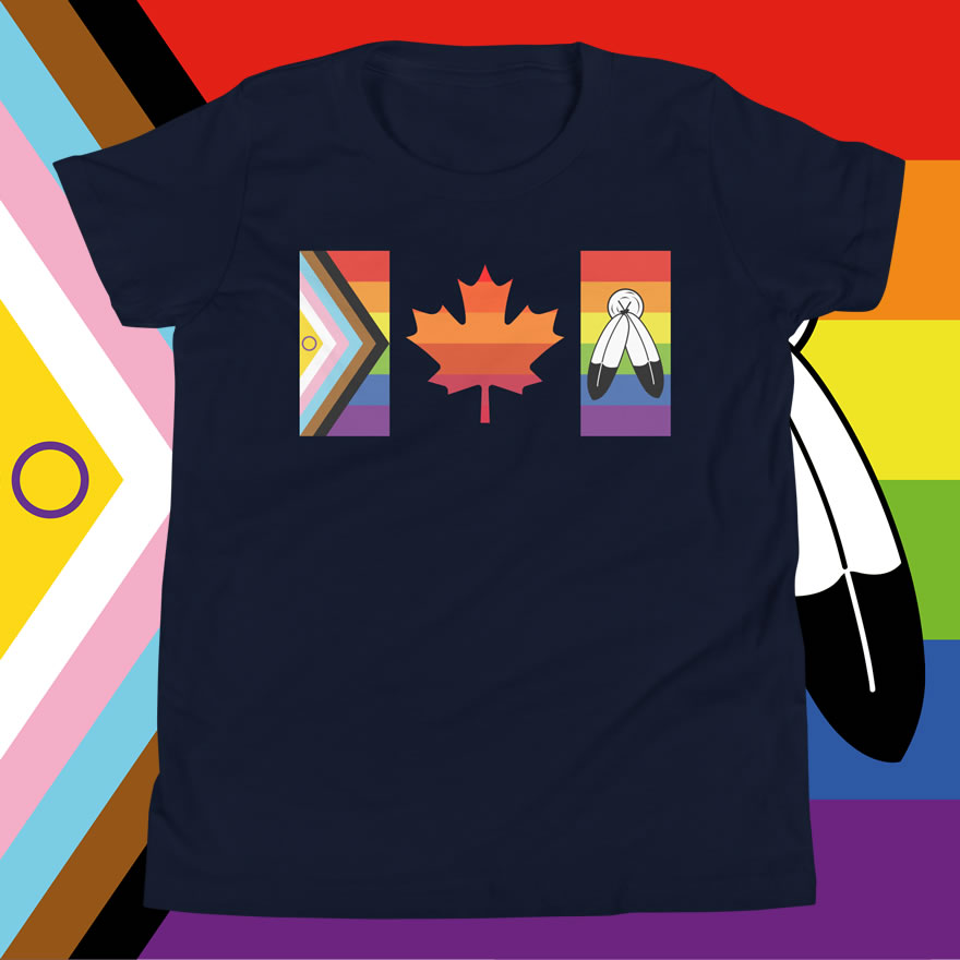 Front of Canada Two-Spirit Intersex-Inclusive Progress Pride Flag youth t-shirt navy staple tee. Canada flag has pride stripes for the bars and maple leaf.