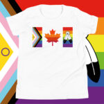 Front of Canada Two-Spirit Intersex-Inclusive Progress Pride Flag youth t-shirt white staple tee. Canada flag has pride stripes for the bars and maple leaf.