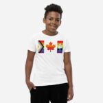 Front of Canada Two-Spirit Intersex-Inclusive Progress Pride Flag youth t-shirt white staple tee on boy. Flag has pride stripes for the bars and maple leaf.