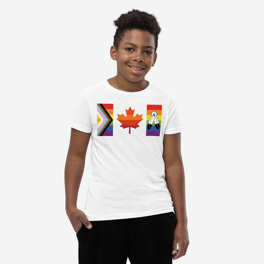 Front of Canada Two-Spirit Intersex-Inclusive Progress Pride Flag youth t-shirt white staple tee on boy. Flag has pride stripes for the bars and maple leaf.