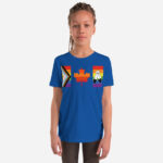 Front of Canada Two-Spirit Intersex-Inclusive Progress Pride Flag youth t-shirt true royal staple tee on girl. Flag has pride stripes for the bars and maple leaf.