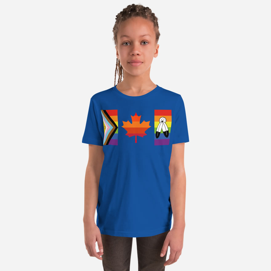 Front of Canada Two-Spirit Intersex-Inclusive Progress Pride Flag youth t-shirt true royal staple tee on girl. Flag has pride stripes for the bars and maple leaf.