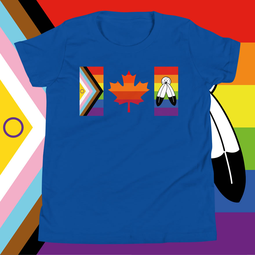 Front of Canada Two-Spirit Intersex-Inclusive Progress Pride Flag youth t-shirt true royal staple tee. Canada flag has pride stripes for the bars & maple leaf.