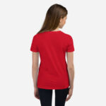 Solid red back of Super Canada t-shirt unisex youth staple Team Canada tee on girl.