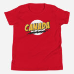 Front of Super Canada t-shirt red youth staple tee. Says Canada in thick yellow font, black lightning bolt over white circle.