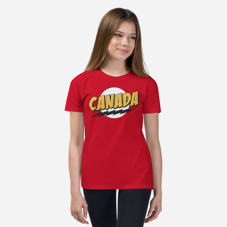Front of Super Canada t-shirt red youth staple tee on girl. Canada in thick yellow font, black lightning bolt on white circle.