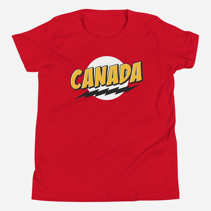Front of Super Canada t-shirt red youth staple tee. Says Canada in thick yellow font, black lightning bolt over white circle.