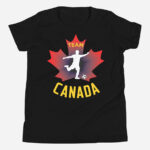 Front of Team Canada Boy's Soccer black youth staple tee. Player kicking ball silhouette on red maple leaf. Says Team Canada.