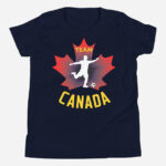 Front of Team Canada Boy's Soccer navy youth staple tee. Player kicking ball silhouette on red maple leaf. Says Team Canada.