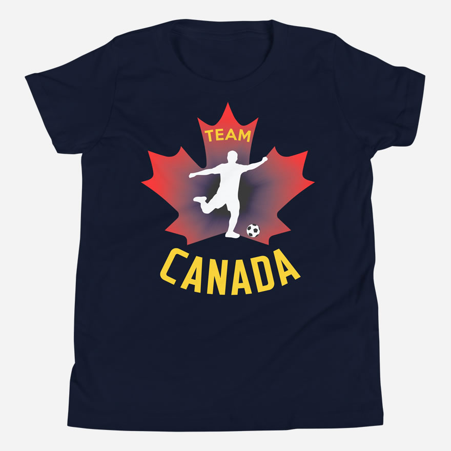 Front of Team Canada Boy's Soccer navy youth staple tee. Player kicking ball silhouette on red maple leaf. Says Team Canada.