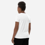 Solid white back of Team Canada Boy's Soccer t-shirt unisex youth staple Canadian football tee on boy.