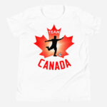 Front of Team Canada Boy's Soccer white youth staple tee. Player kicking ball silhouette on red maple leaf. Says Team Canada.