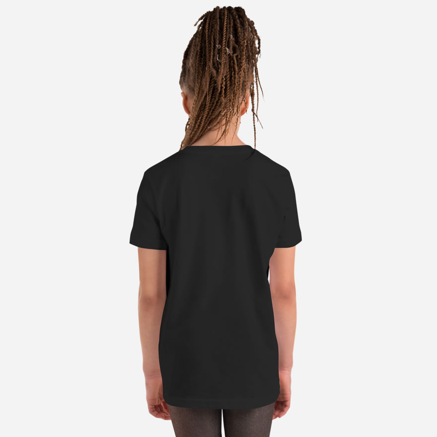 Solid black back of Team Canada Girl's Soccer t-shirt unisex youth staple Canadian football tee on girl.