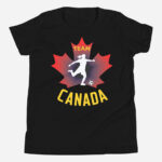 Front of Team Canada Girl's Soccer black youth staple tee. Player kicking ball silhouette on red maple leaf. Says Team Canada.