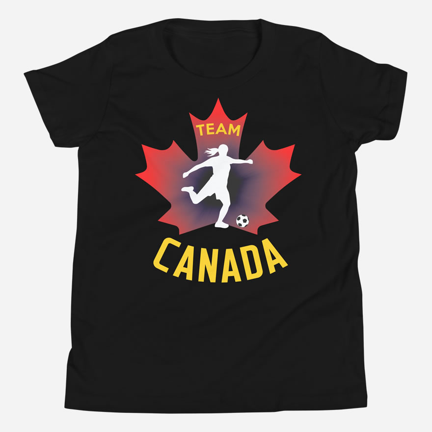Front of Team Canada Girl's Soccer black youth staple tee. Player kicking ball silhouette on red maple leaf. Says Team Canada.