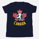 Front of Team Canada Girl's Soccer navy youth staple tee. Player kicking ball silhouette on red maple leaf. Says Team Canada.