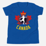 Front of Team Canada Girl's Soccer true royal youth staple tee. Player kicking ball silhouette on red maple leaf. Says Team Canada.