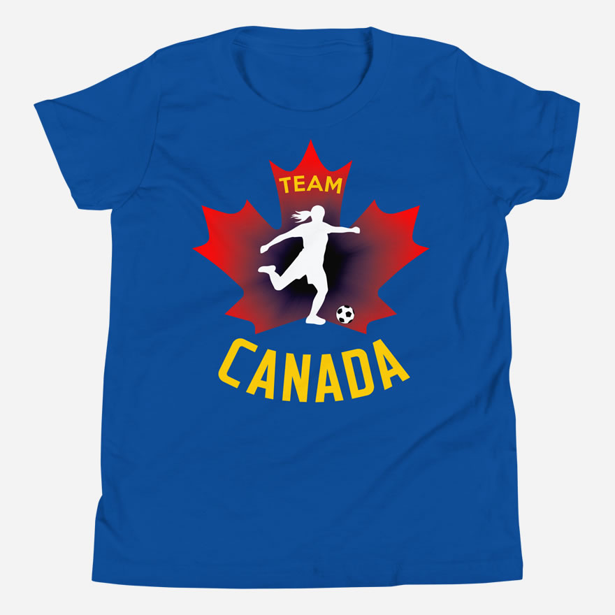 Front of Team Canada Girl's Soccer true royal youth staple tee. Player kicking ball silhouette on red maple leaf. Says Team Canada.