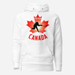Front of Team Canada Hockey hoodie white unisex premium pullover. Hockey slap shot figure on red maple leaf. Says Team Canada.