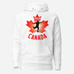 Front of Men's Soccer hoodie white unisex premium pullover. Player kicking ball silhouette on maple leaf. Says Team Canada.