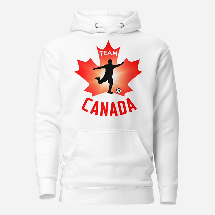 Front of Men's Soccer hoodie white unisex premium pullover. Player kicking ball silhouette on maple leaf. Says Team Canada.