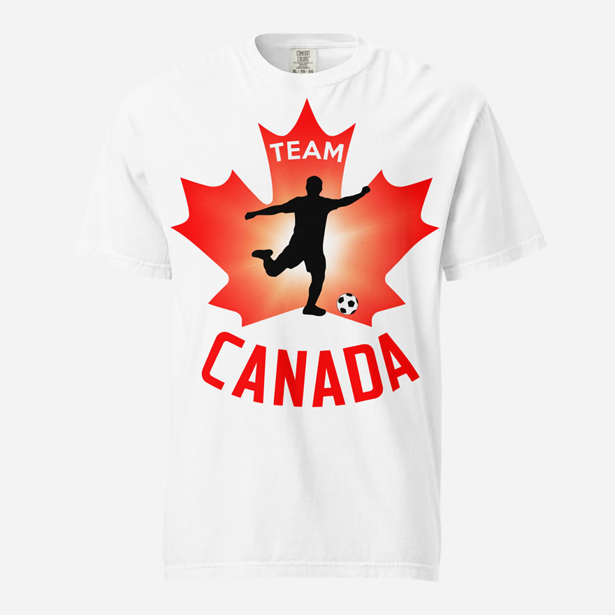 Front of Men's Soccer white unisex heavyweight t-shirt. Player kicking ball silhouette on red maple leaf. Says Team Canada.