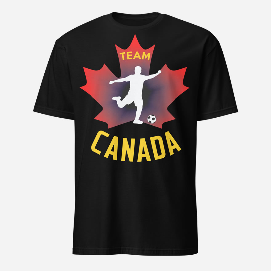 Front of Canadian Men's Soccer black unisex t-shirt. Player kicking ball silhouette on red maple leaf. Tee says Team Canada.