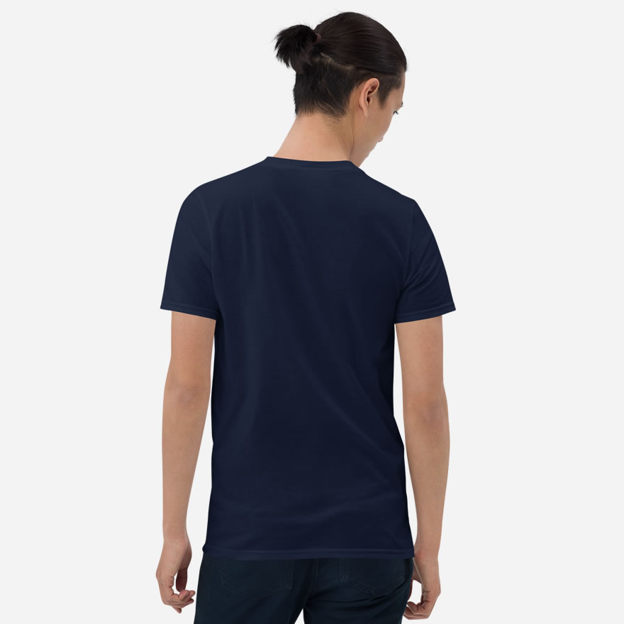 Solid navy back of Team Canada Men's Soccer t-shirt unisex softystyle tee on man.