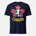 Front of Canadian Men's Soccer navy unisex t-shirt. Player kicking ball silhouette on red maple leaf. Tee says Team Canada.