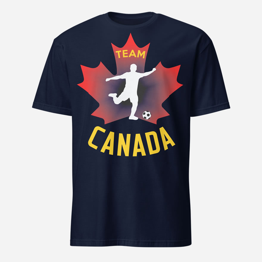 Front of Canadian Men's Soccer navy unisex t-shirt. Player kicking ball silhouette on red maple leaf. Tee says Team Canada.