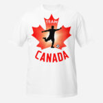 Front of Canadian Men's Soccer white unisex t-shirt. Player kicking ball on red maple leaf. Tee says Team Canada.