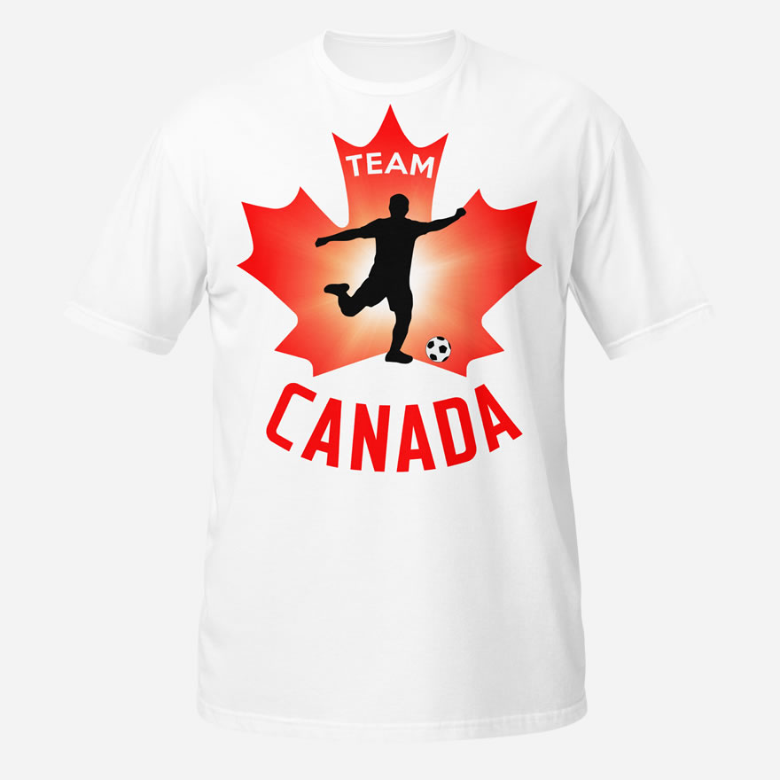 Front of Canadian Men's Soccer white unisex t-shirt. Player kicking ball on red maple leaf. Tee says Team Canada.
