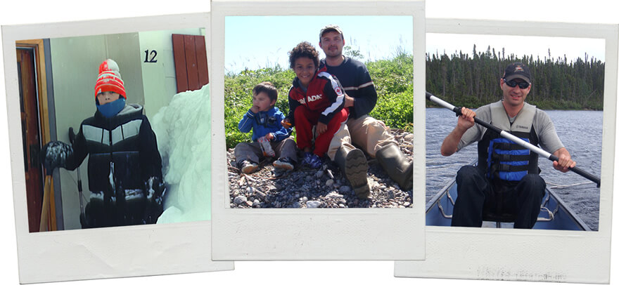 3 polaroid pics: 1) Jason (Dad) 80s in deep snow; 2) Dad & kids CJ, Cameron on sunny rocky beach; 3) Doug canoeing. All taken in Labrador.