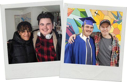 2 polaroid pics: 1) grown-up CJ & Cameron; 2) CJ & Dad at graduation.